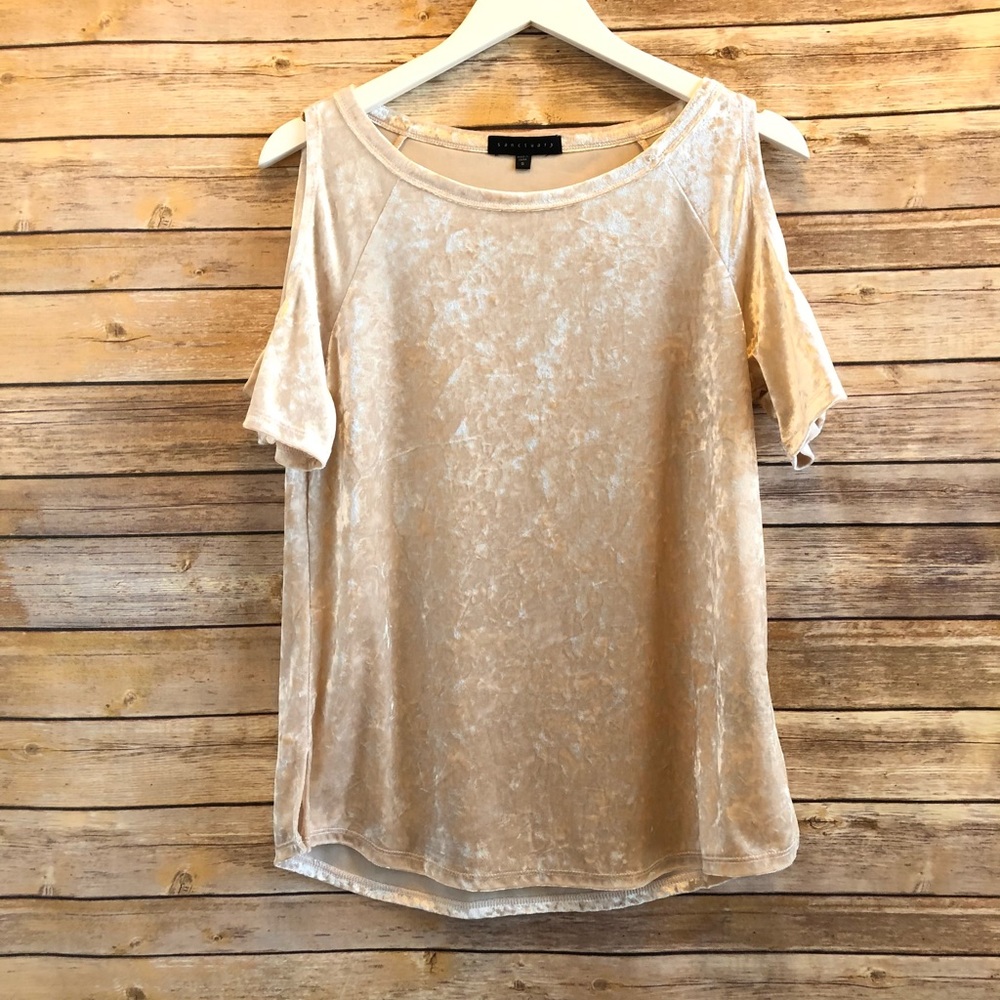 Sanctuary Champagne Crushed Velvet Cold Shoulder Top Size Small